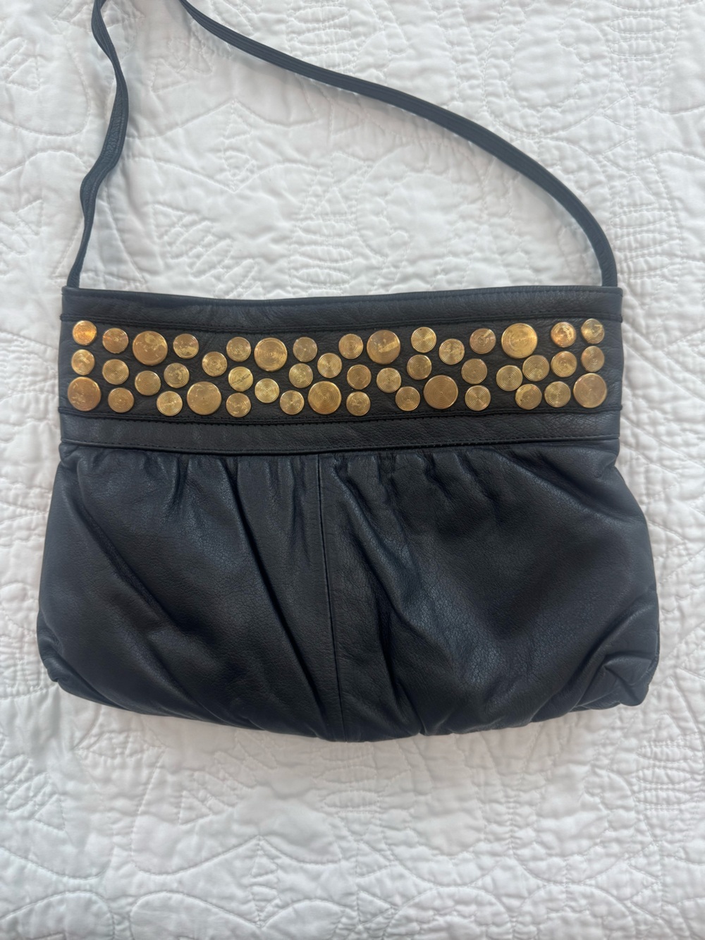 Black Leather Crossbody Bag with Gold Stud Detail